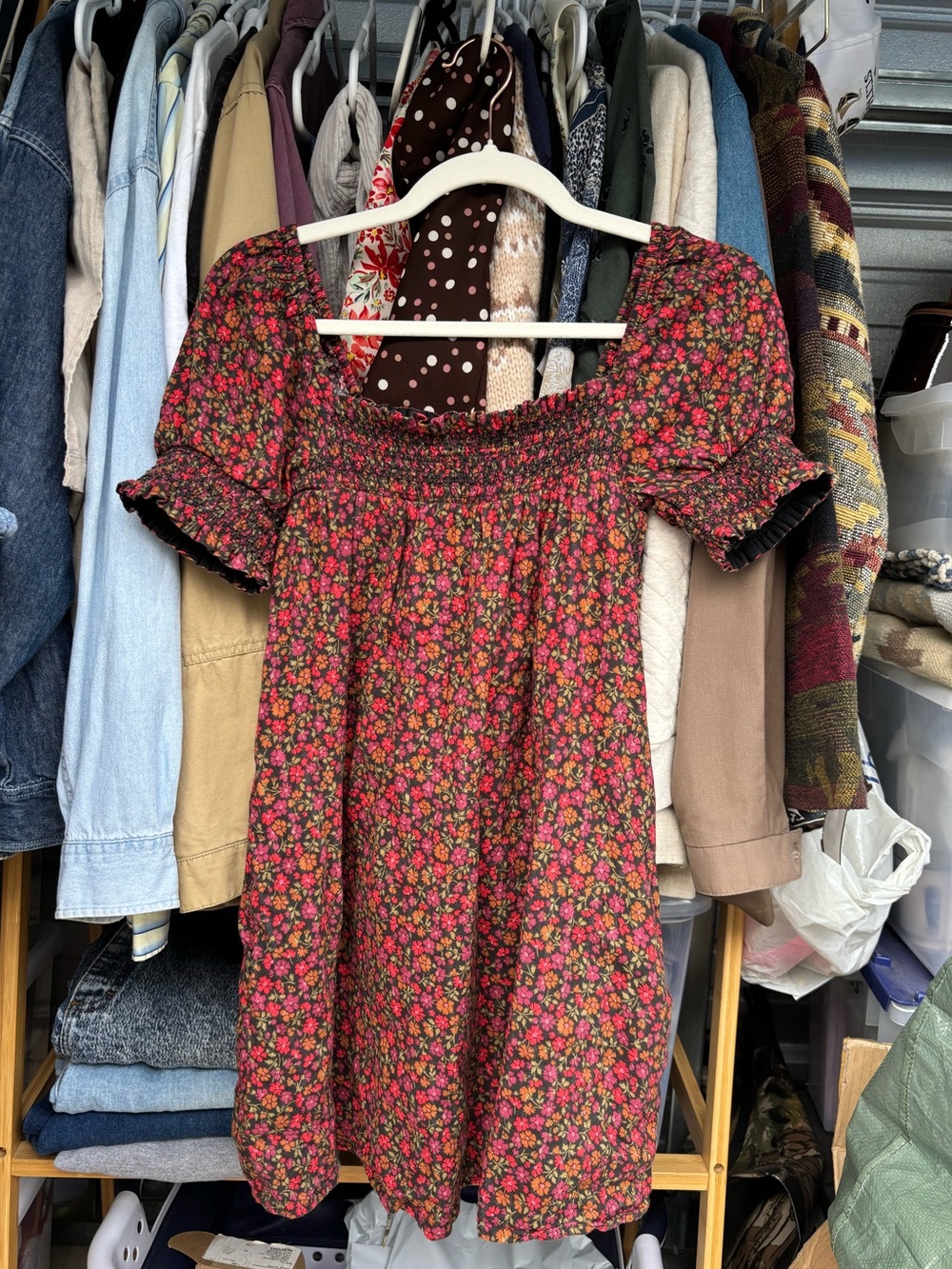American Eagle Outfitters Red and Pink Floral Smocked Mini Dress